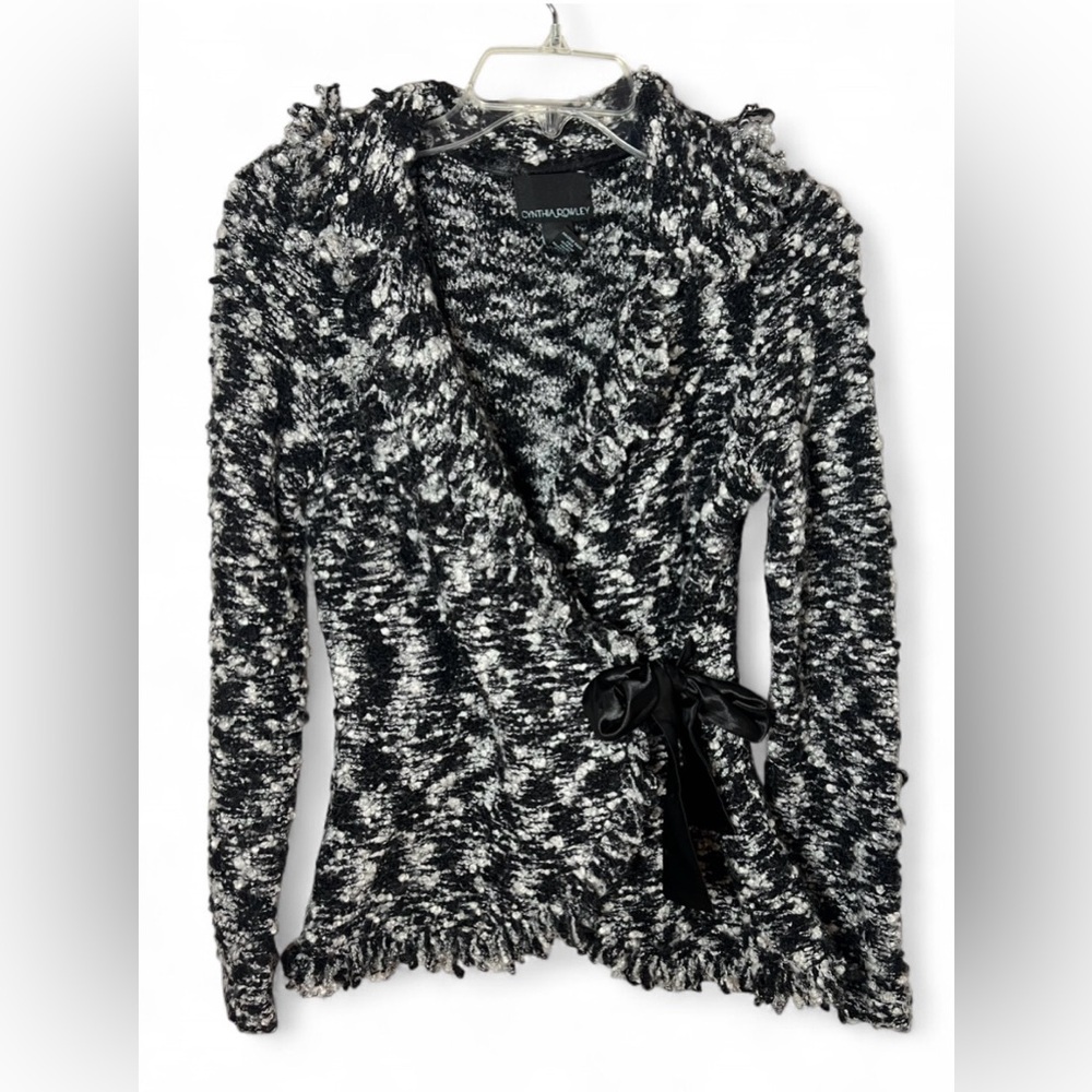 Cynthia Rowley Mohair Wool Black White Fringe Wrap Sweater Cardigan Chic Size S